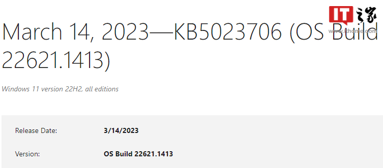 苹果beta正式版:微软 Win11 22H2 正式版 Build 22621.1413（KB5023706）发布